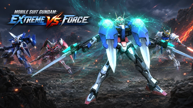 Mobile Suits fighting for control of a base in Extreme VS Force mode