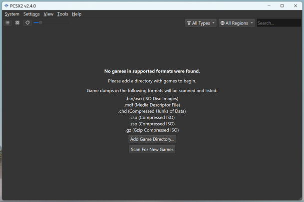 PCSX2 settings screen on Windows