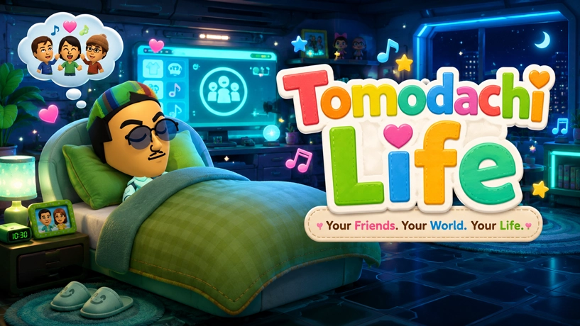 Tomodachi Life 3DS poster with Mii island scenes and gameplay screenshots
